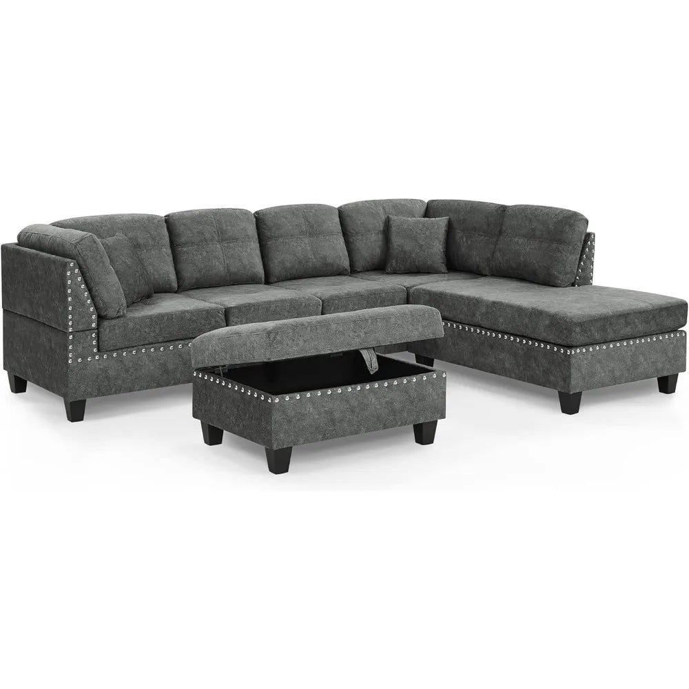 Living Room Furniture Sets,Sectional Sofa with Storage Ottoman,L-Shaped 2 Pillows&Extra Wide Reversible Chaise