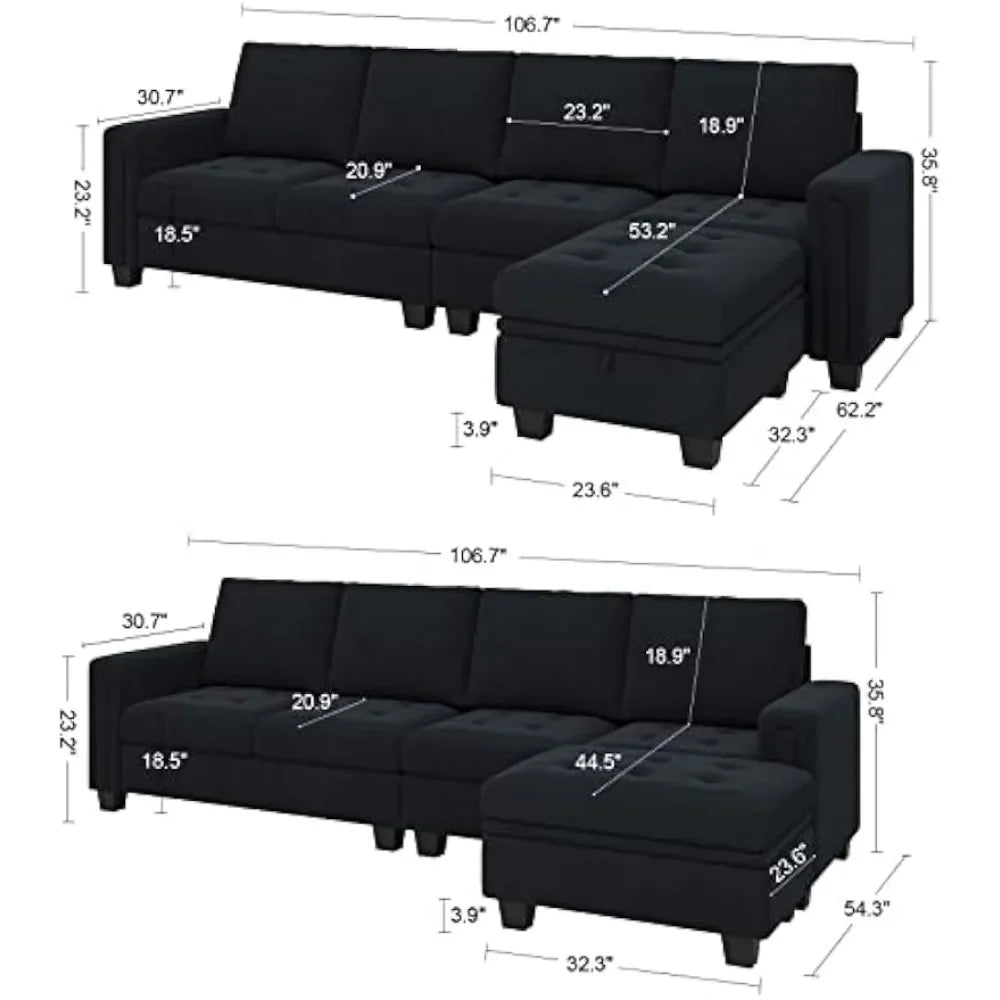 Velvet Reversible Sectional Sofa with Chasie Convertible Sectional Couch with Storage Ottoman L Shaped 4-seat Sectional Sofa