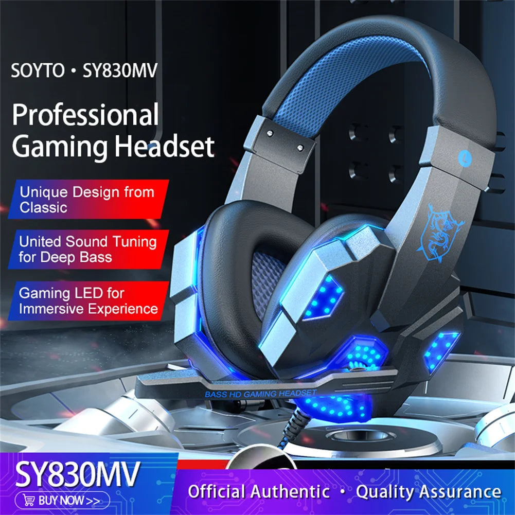 SY830MV Wired Headset Noise Canceling Stereo Headphones Over Ear Headphones With Cool LED Lighting For Cell Phone Gaming - NJPH Best Selling 