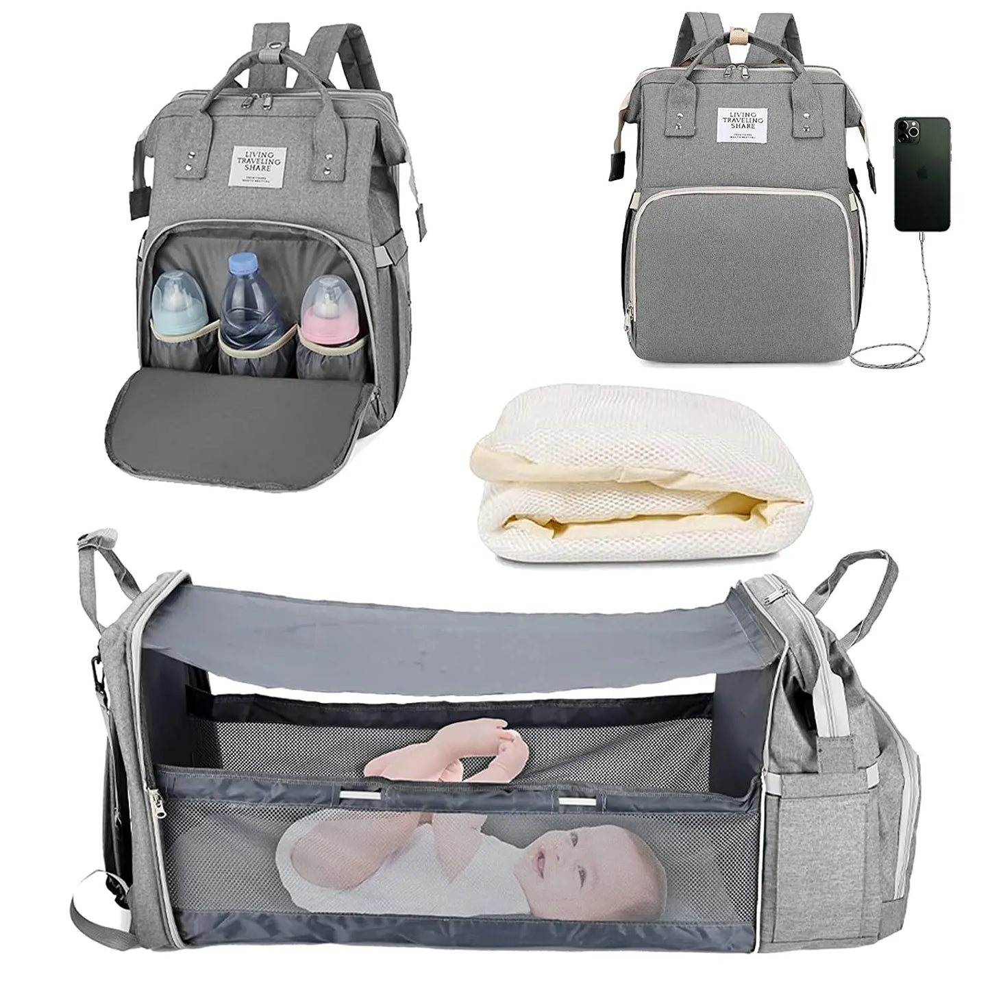 3 In 1 Diaper Bag Backpack Foldable Baby Bed Waterproof Travel Bag with USB Charge Diaper Bag Backpack with Changing Bed 3 types - NJPH Best Selling 