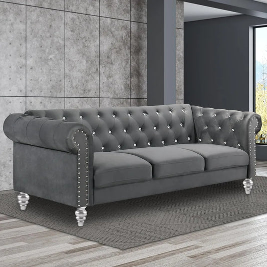 living room sofas Glam Emma Velvet Three Seater Chesterfield Style Sofa for Small Spaces with Crystal Button Tufts sofas