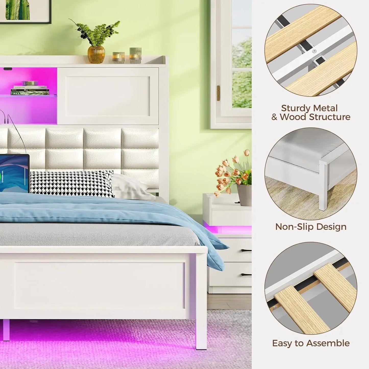 Bed Frame Twin Size with Charging Station, Bookcase Headboard Bed with LED Light and Sliding Doors, Platform Bed White