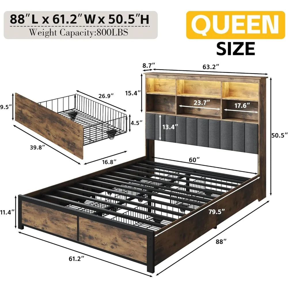 Queen Bed Frame with Headboard, Queen Bed Frame with High Storage Bookcase Headboard,4 Storage Drawers & Charging Station