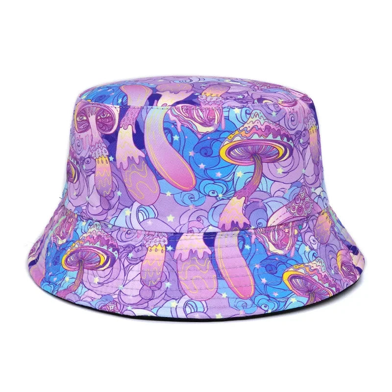 2023 New Mushroom Print Fisherman Hat Women Men Bucket Hat Outdoor Double-sided Sunshade Fashion Basin Panama Bob Cap - NJPH Best Selling 