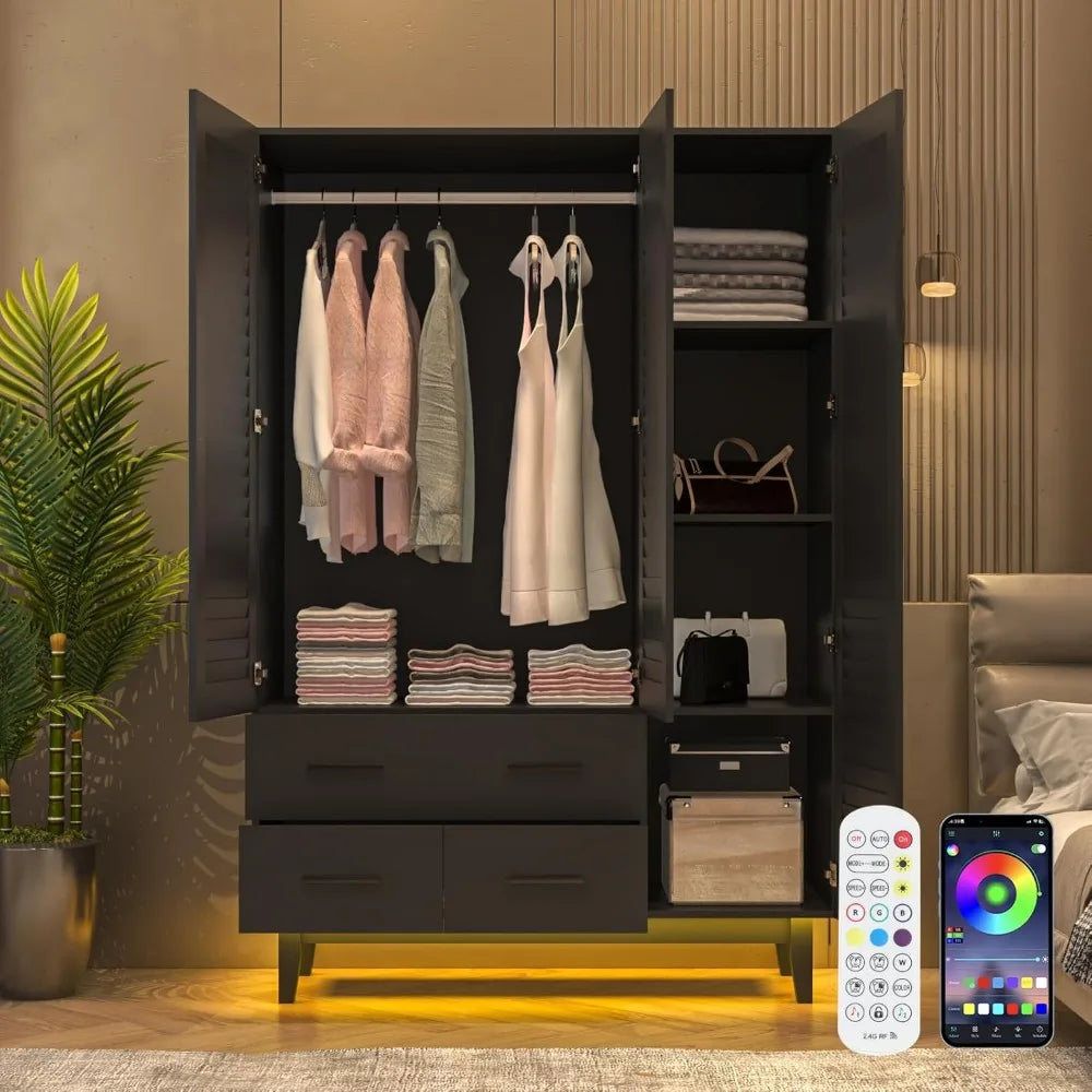 3 Door Armoire Wardrobe Closet Cabinet with Drawers and LED Lights, Multi-Tier Shelves, Hanging Rod & 3 Louver Doors,  Wardrobes