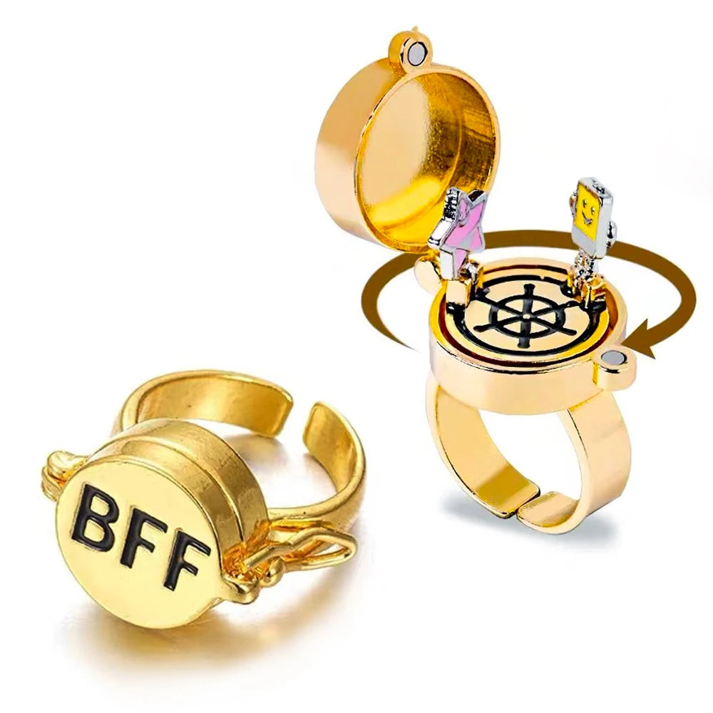 YILUOCD 2 Pcs Gold Color Spinner BFF Matching Rings Best Friend Open Rotate Ring Forever Friendship Cute Cartoon Anime Jewelry - NJPH Best Selling 