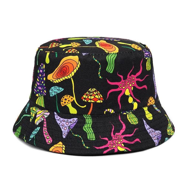 2023 New Mushroom Print Fisherman Hat Women Men Bucket Hat Outdoor Double-sided Sunshade Fashion Basin Panama Bob Cap - NJPH Best Selling 