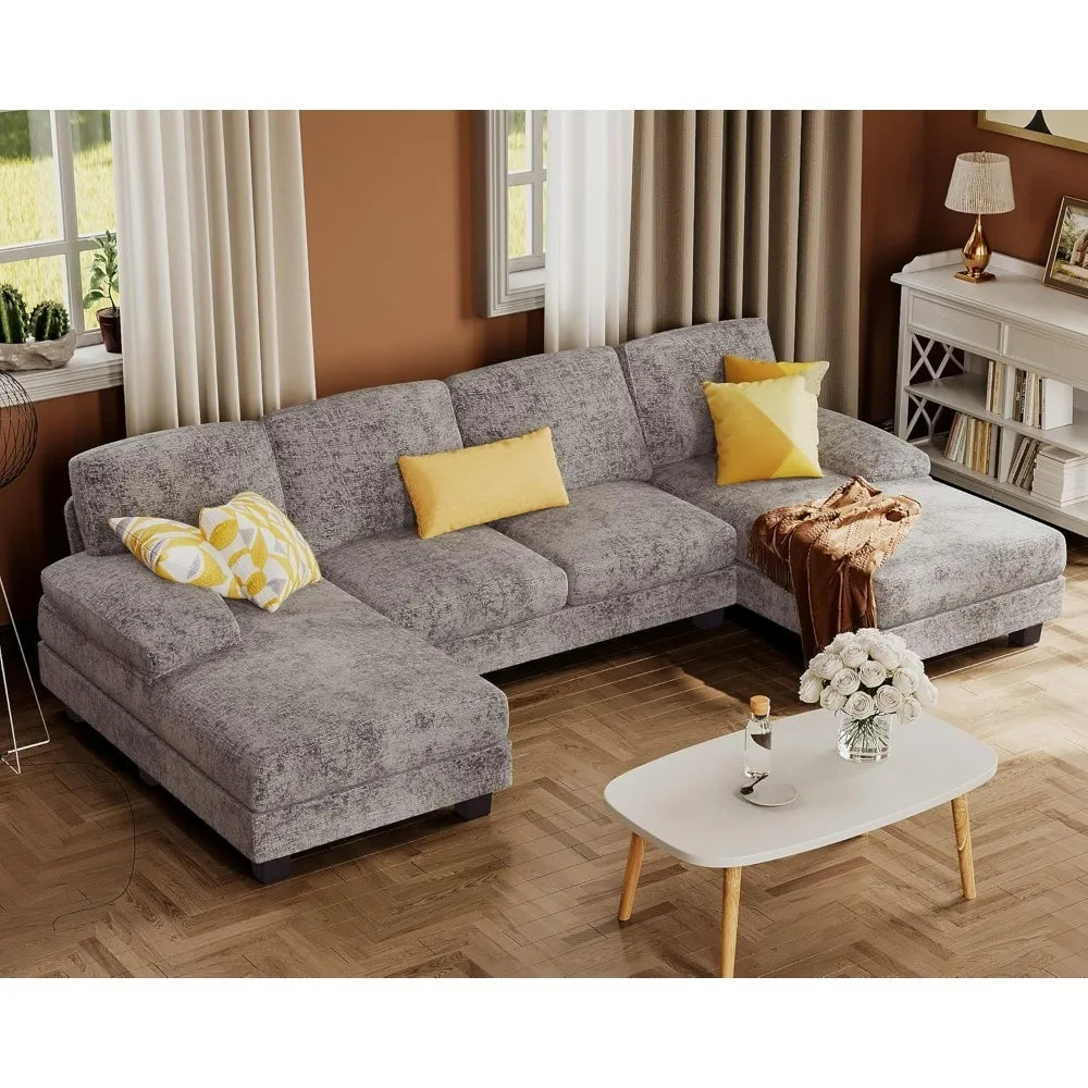 Sectional Couches for Living Room, U-Shaped Sofa Couch with Linen Fabric, 4 Seat Sofa Set with Double Chaise for Apartment Grey