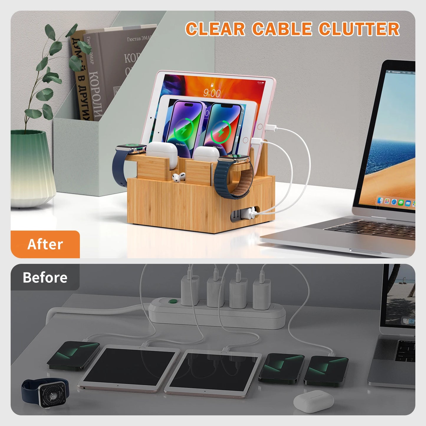 Charging Station Organizer for Multiple Devices With 5 Cables Desktop Docking Station Compatible with Phone Tablet Earbud