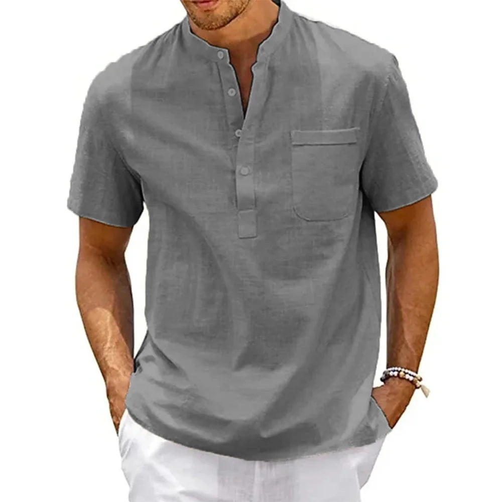 Cotton Linen Shirt Men Henley Neck Pocket Casual Beach Short Sleeve Solid Color Male Tops T-shirts Vintage Streetwear - NJPH Best Selling 