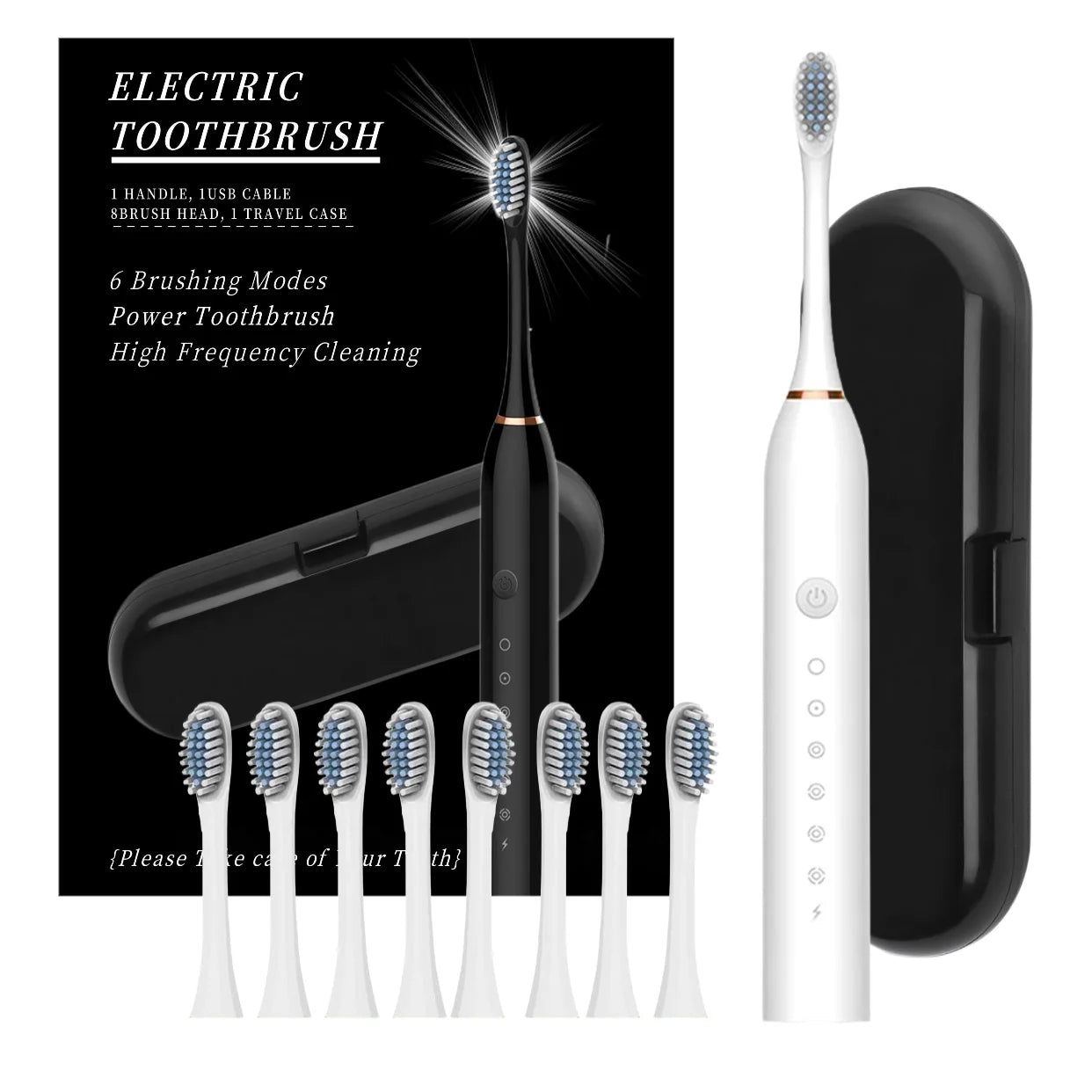 Rechargeable Electric Powered Toothbrush with Travel Case, 8 Brush Heads & USB Rechargeable Tooth Brush Deep Clean Oral Care -6 - NJPH Best Selling 