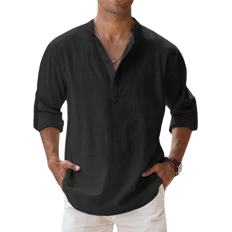 New Cotton Linen Shirts for Men Casual Shirts Lightweight Long Sleeve Henley Beach Shirts Hawaiian T Shirts for Men - NJPH Best Selling 