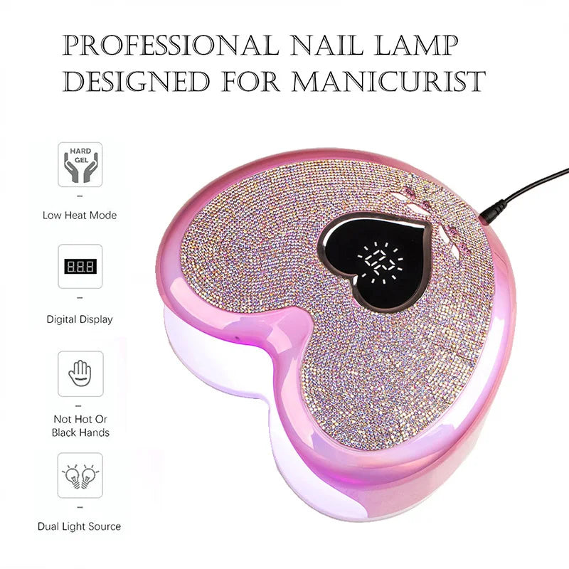 96W Nail Dryer Lamp with Rhinestone Nail Gel Dryer Pedicure Machine LED light for Nails Heart Shaped Nail Drill and UV Lamp Set - NJPH Best Selling 