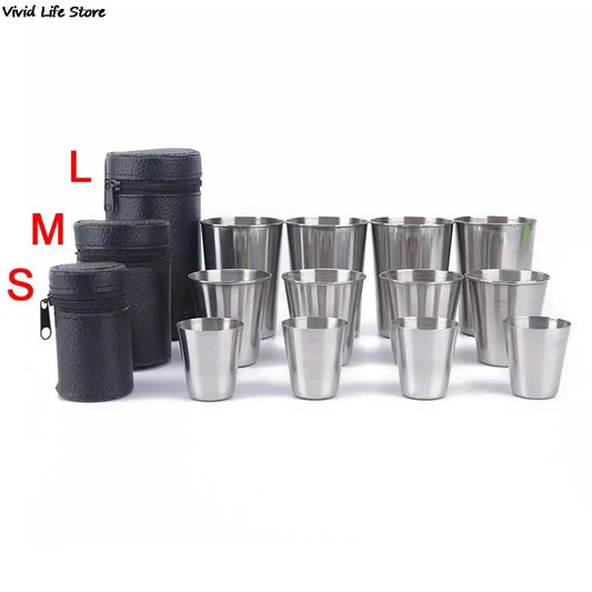 Outdoor Camping Cup Tableware 30ml/70ml/170ml Travel Cups Set Stainless Steel Cover Mug Drinking Coffee Tea Beer With Case