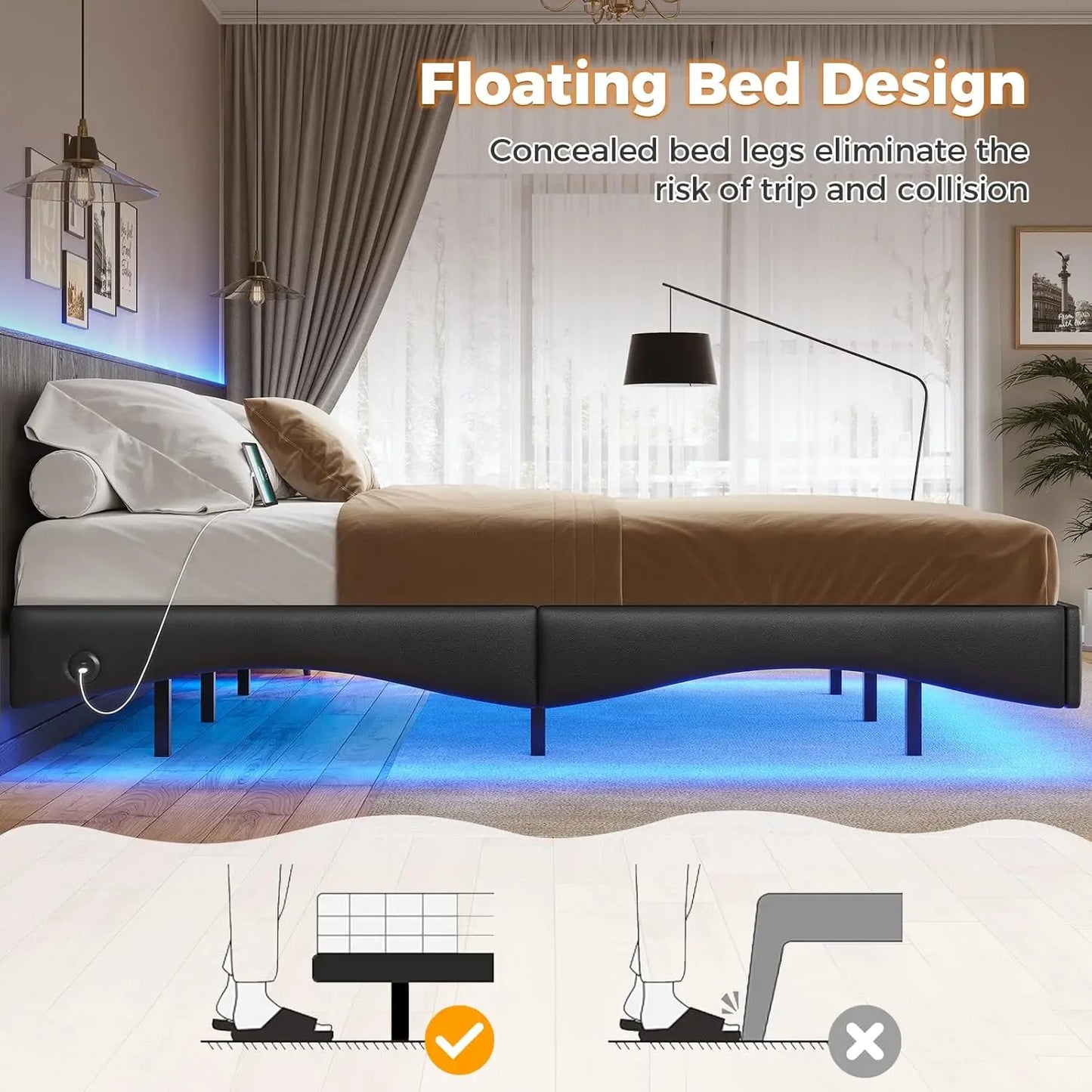 Floating double bed frame with charging station and LED light, leather wave-shaped structure stable without spring