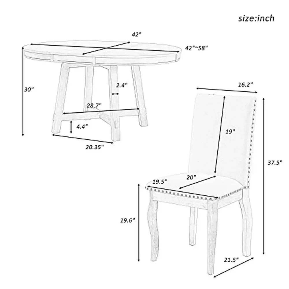 Round Extendable Dining Table Set with 4 Upholstered Chairs Elegant Farmhouse Kitchen Furniture