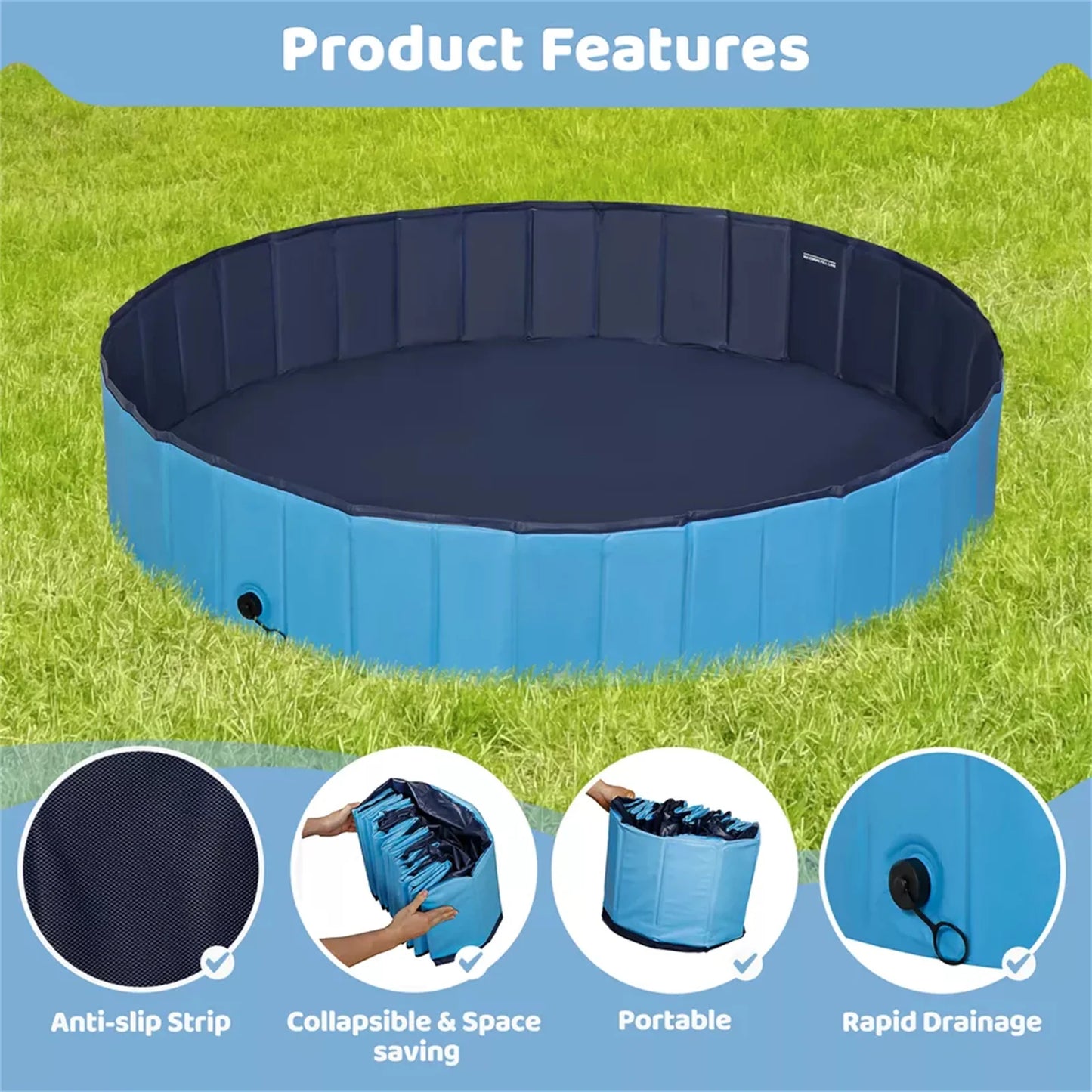 Foldable Dog Pool Pet Swimming Pool Plastic Puppy Cat Shower Outdoor Indoor Blue - NJPH Best Selling 