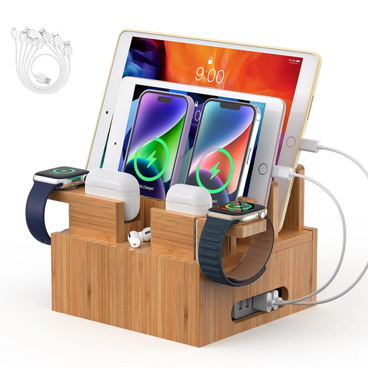 Charging Station Organizer for Multiple Devices With 5 Cables Desktop Docking Station Compatible with Phone Tablet Earbud