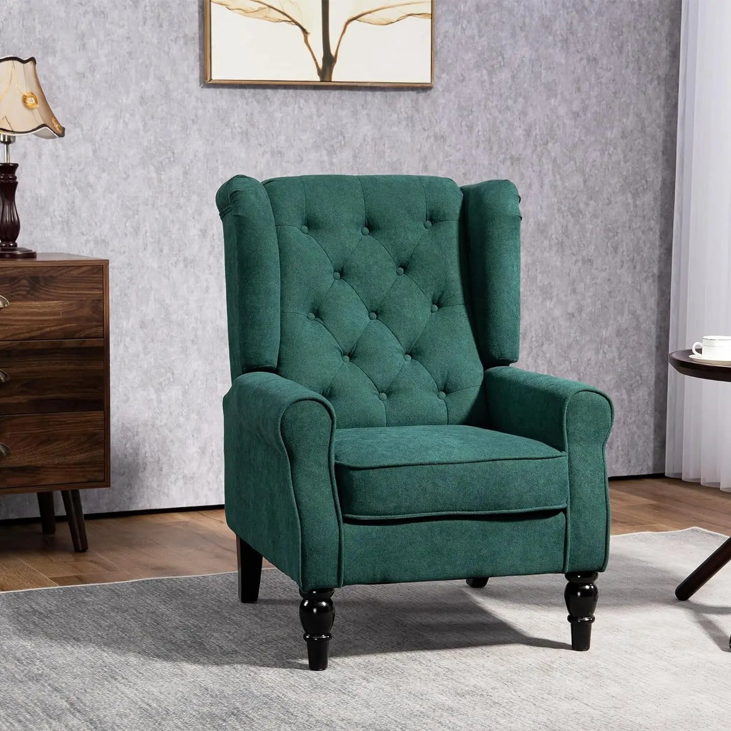 HOMCOM Button-Tufted Accent Chair with High Wingback, Rounded Cushioned Armrests and Thick Padded Seat, Dark Green