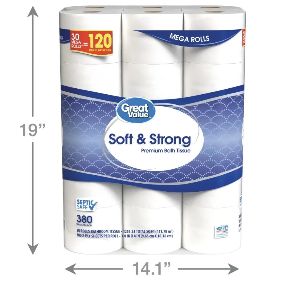 Soft & Strong Premium Toilet Paper, 30 Mega Rolls, 380 Sheets per Roll - NJPH Best Selling 