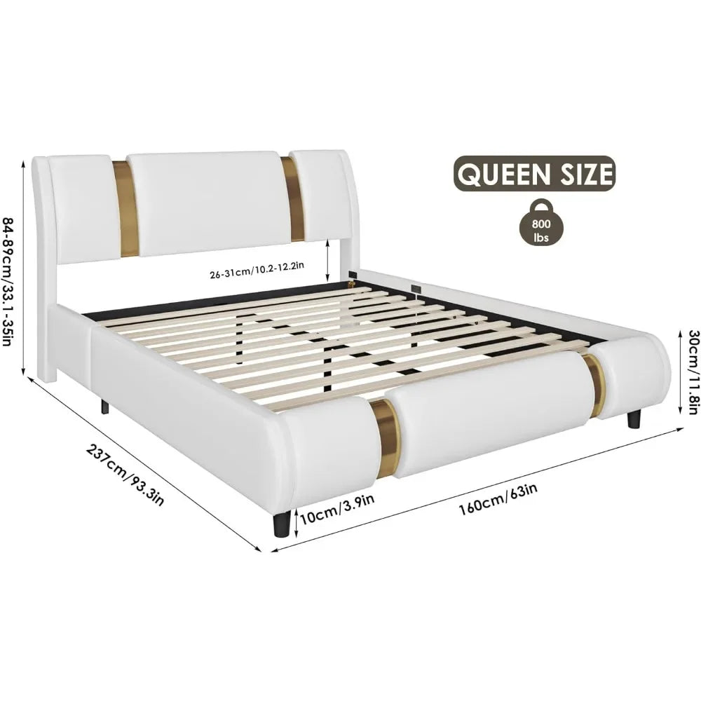 Platform bed frame, upholstered in faux leather, gold iron metal upholstery, adjustable curved headboard platform bed frame