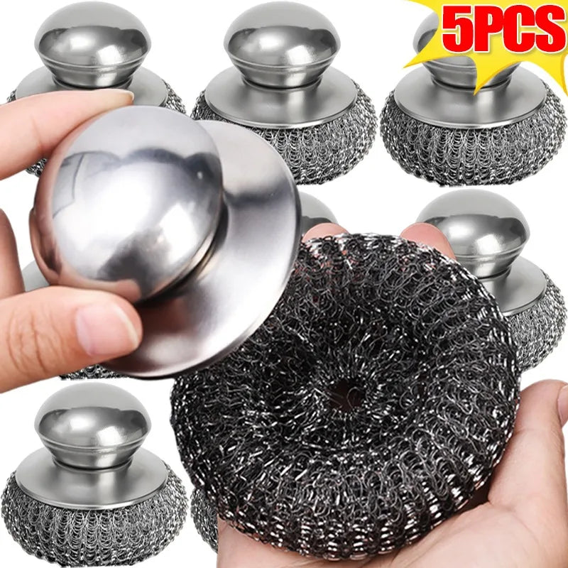 5/1Pcs Pot and Dish Brush Stainless Steel Round Handle Steel Ball Household Rust Removal Cleaning Tool Kitchen Utensils Scrubber - NJPH Best Selling 