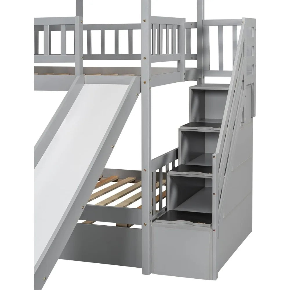 Kids  Over  Bunk Beds with Slide and Trundle, Solid Wood Bunk Bed Frame with Stairs and Storage, Playhouse Bunk Bed with Roof