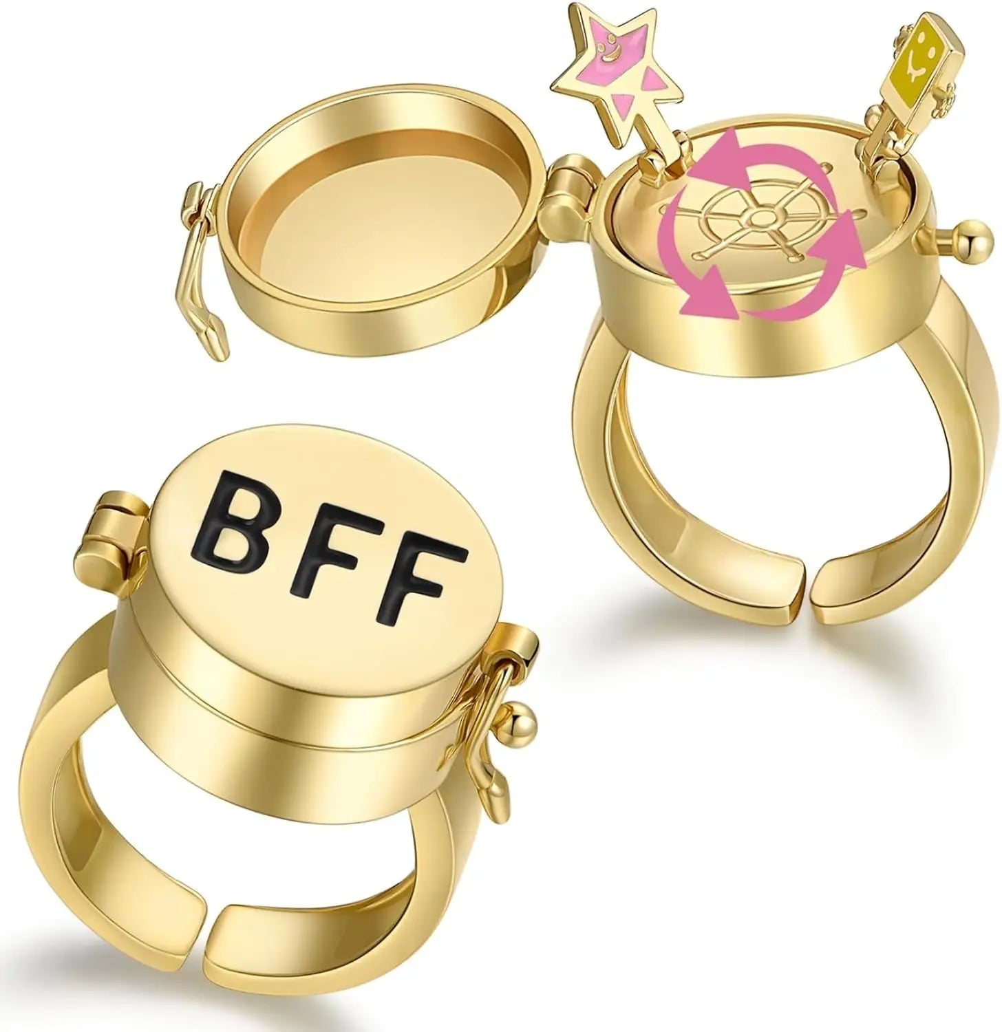 YILUOCD 2 Pcs Gold Color Spinner BFF Matching Rings Best Friend Open Rotate Ring Forever Friendship Cute Cartoon Anime Jewelry - NJPH Best Selling 