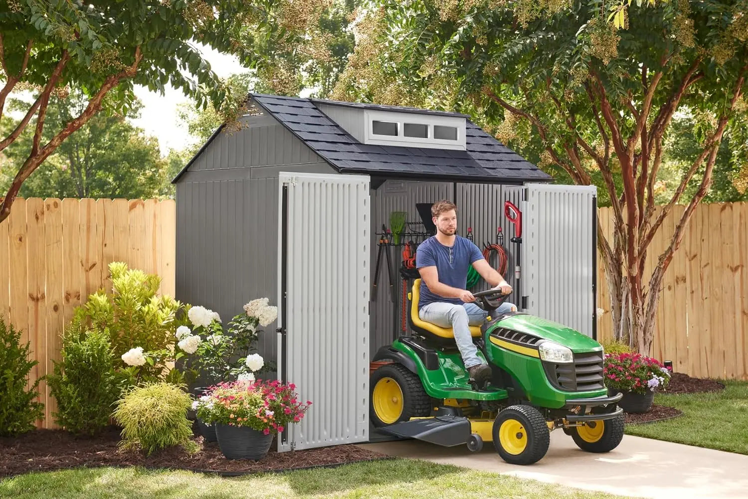 Rubbermaid Resin Outdoor Storage Shed With Floor (7 x 7 Ft), Weather Resistant, Gray, Organization for Home/Backyard/Garden Tool - NJPH Best Selling 