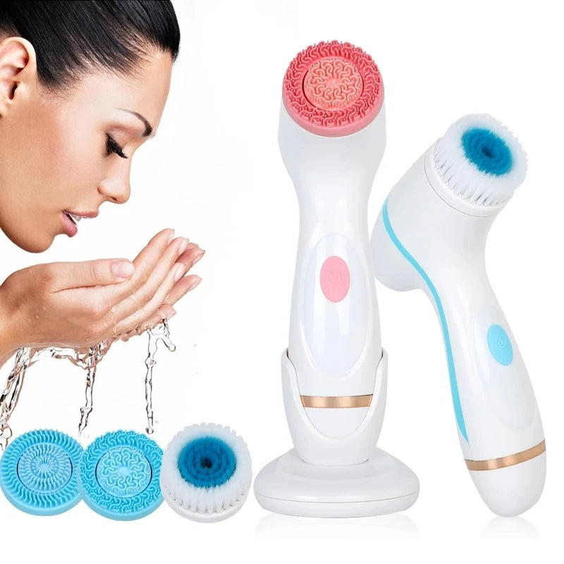 Facial Cleansing Brush 3 in 1 Electric Exfoliating Spin Cleanser Device Rechargeable Waterproof Rotating Spa Massager Machine - NJPH Best Selling 