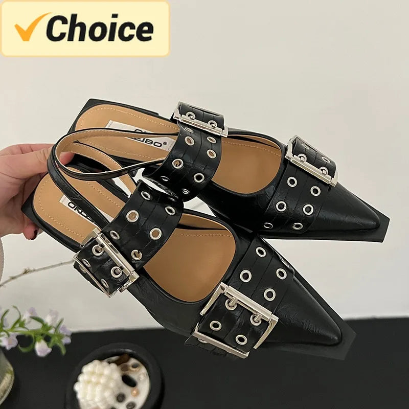 Women Flat With Shoes 2024 Designer Luxury Buckle Fashion Ladies Flats Shoes Slingback Pointed Toe Casual Female Sandals Mules - NJPH Best Selling 