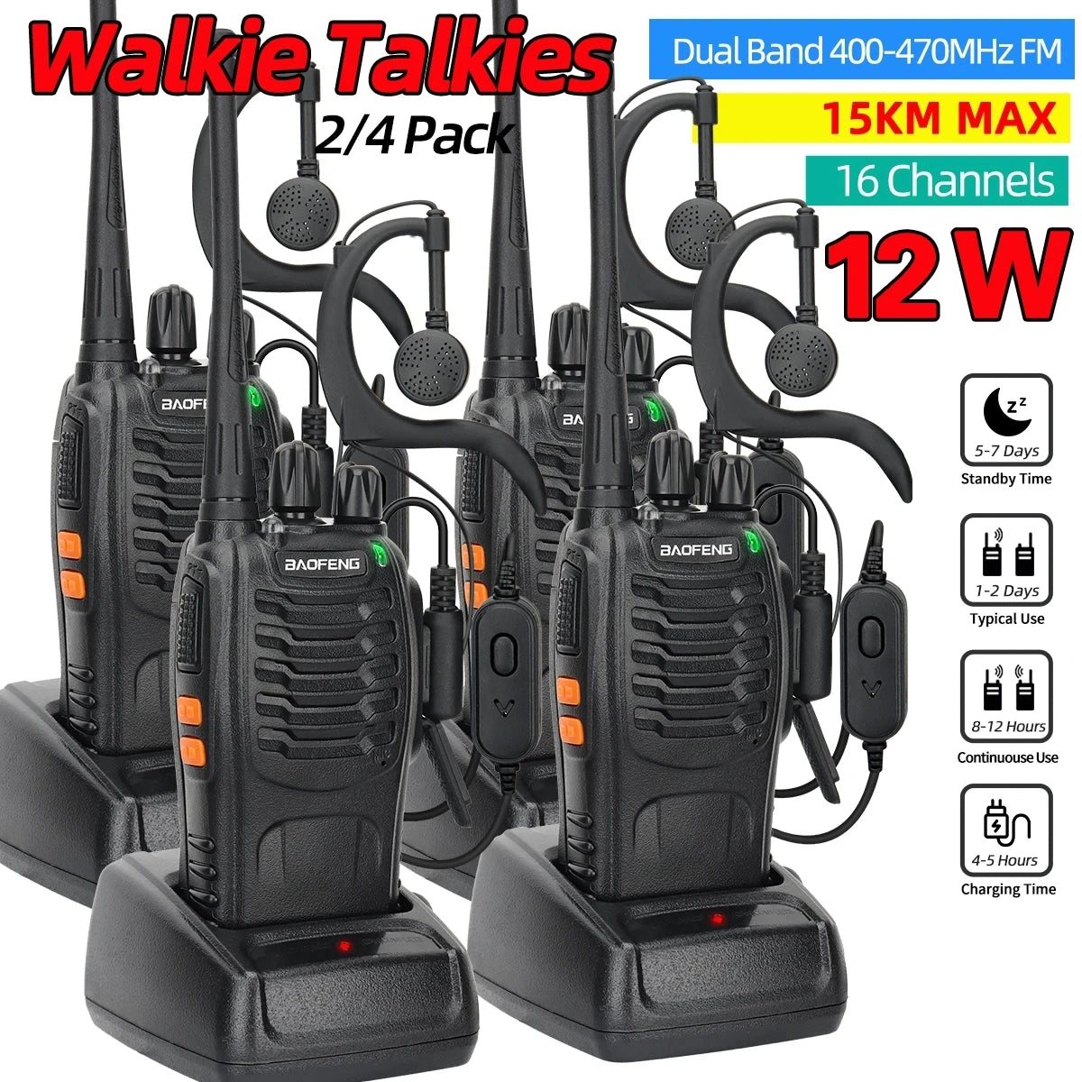 2/4PCS Baofeng BF-888S 12W Walkie Talkie Dual Band Portable Long Range Standby UHF 400-470MHz USB Ham Two Way Radio for Hunting - NJPH Best Selling 