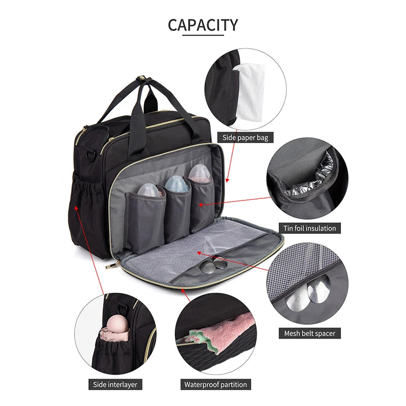 LEQUEEN New Style Waterproof Diaper Bag Black Large Capacity Travel Bag Multifunctional Maternity Mother Baby Stroller Bags - NJPH Best Selling 