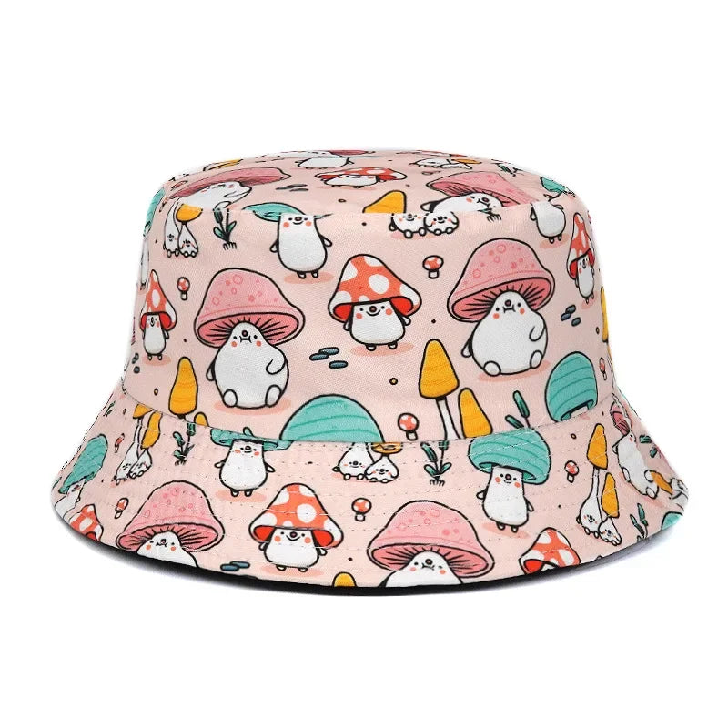 2023 New Mushroom Print Fisherman Hat Women Men Bucket Hat Outdoor Double-sided Sunshade Fashion Basin Panama Bob Cap - NJPH Best Selling 