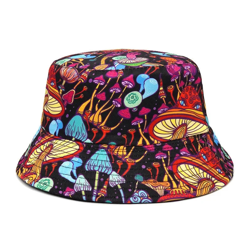 2023 New Mushroom Print Fisherman Hat Women Men Bucket Hat Outdoor Double-sided Sunshade Fashion Basin Panama Bob Cap - NJPH Best Selling 