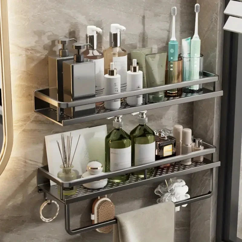 Space Aluminum Multifunctional Wall Mounted Bathroom Shelf Storage Rack Towel Bar Ideal For Bathroom Item Storage - NJPH Best Selling 