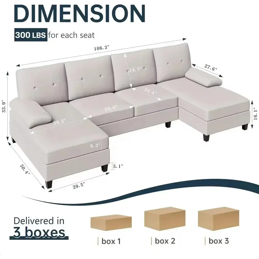 Living Room Sectional Sofa, 4-seater Set U-shaped Sofa with Double Chaise Longue, Large 106-inch Modern Fabric Sofa