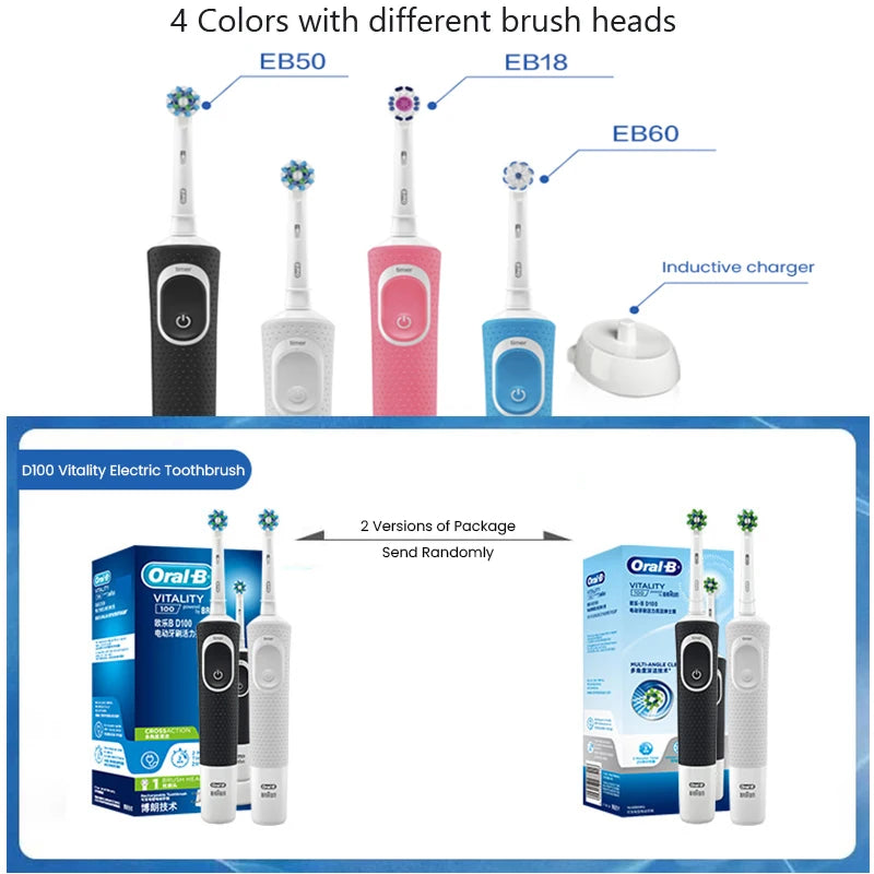 Oral B D100 Electric Toothbrush 2D Vitality Cleaning Teeth Brush Waterproof Electronic Teeth Brush Inductive Charger With Timer - NJPH Best Selling 