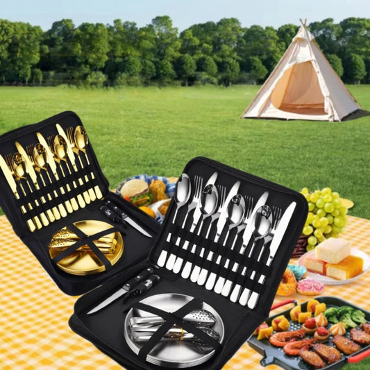 Tableware set Portable knife fork spoon plate steak clip set Camping picnic outdoor stainless steel tableware with tableware bag