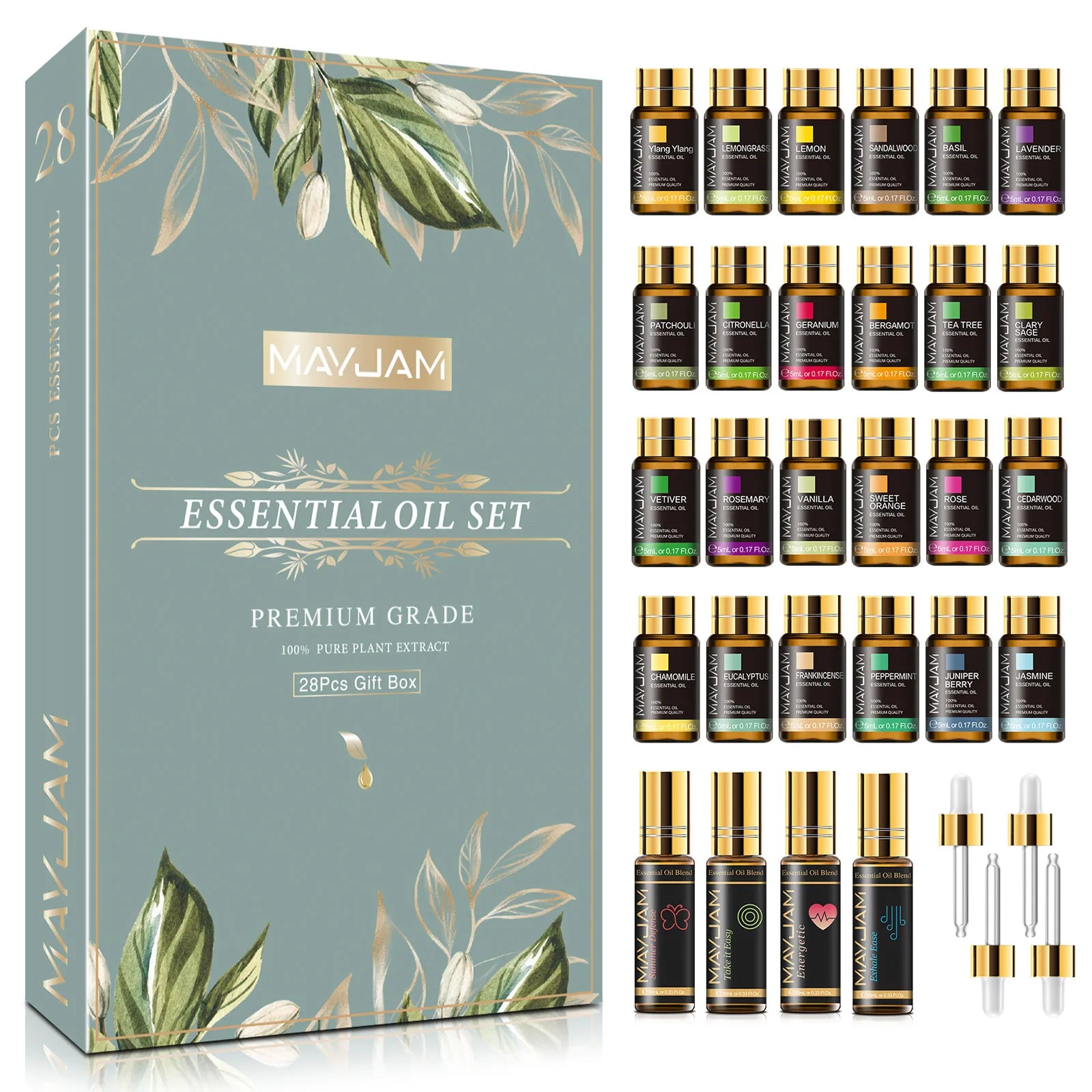 28pcs Pure Natural Essential Oils Gift Set Massage Shower Diffuser Aroma Oil Lavender Vanilla Sage Jasmine Rose Stress Relief - NJPH Best Selling 