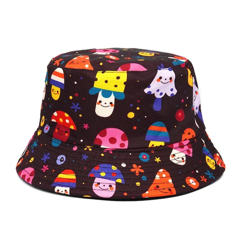 2023 New Mushroom Print Fisherman Hat Women Men Bucket Hat Outdoor Double-sided Sunshade Fashion Basin Panama Bob Cap - NJPH Best Selling 