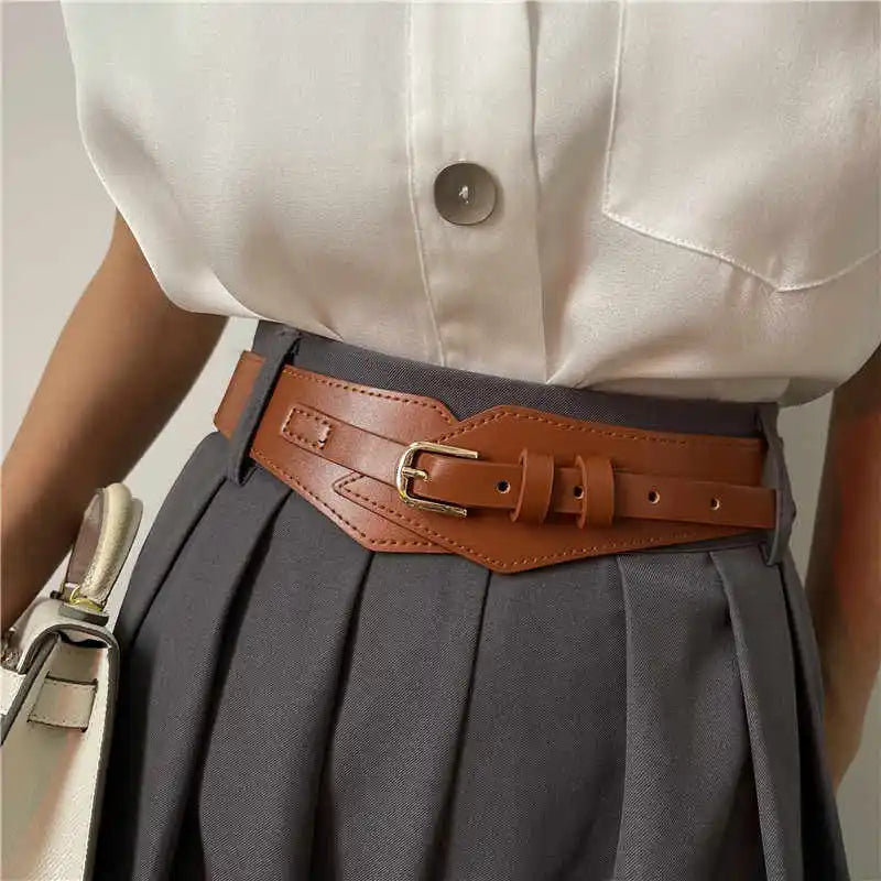 Women's Wide Waist Cincher Belt - Adjustable PU Leather Elastic Belt for Dresses, Coats & Outfits
