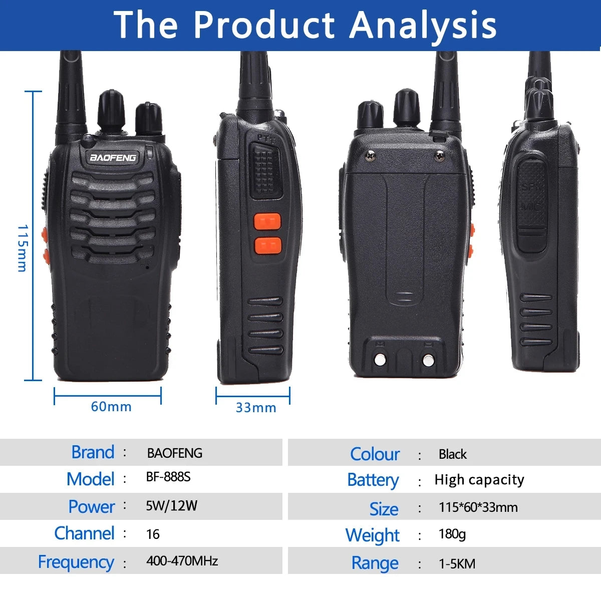 2/4PCS Baofeng BF-888S 12W Walkie Talkie Dual Band Portable Long Range Standby UHF 400-470MHz USB Ham Two Way Radio for Hunting - NJPH Best Selling 