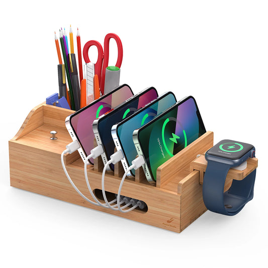 Charging Station for Multiple Devices , Desktop Organizer for Phones, Tablet, Wooden Docking Stations