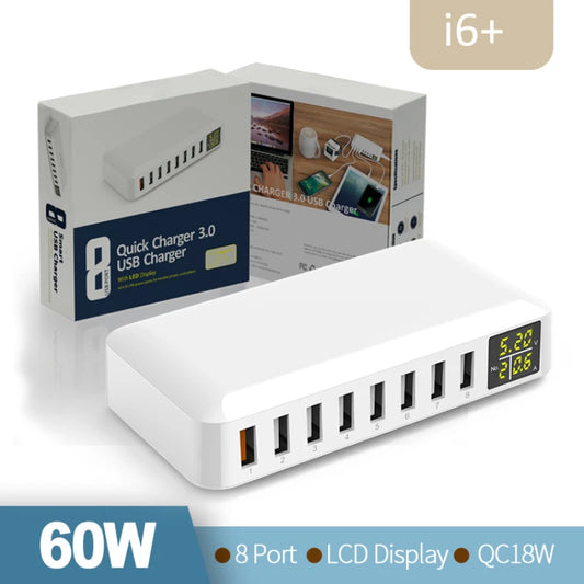 USB Charging Station 8-Port 40W/60WFast Charging  With LED Display Desktop Charger for Multiple Devices iPhone Samsung