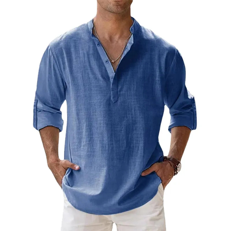 New Cotton Linen Shirts for Men Casual Shirts Lightweight Long Sleeve Henley Beach Shirts Hawaiian T Shirts for Men - NJPH Best Selling 