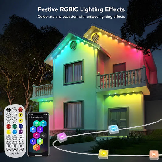 Permanent Outdoor Lights Smart RGBIC Eaves LED Lights Festival Flashing Lighting Fairy String for Christmas Holiday Decorations