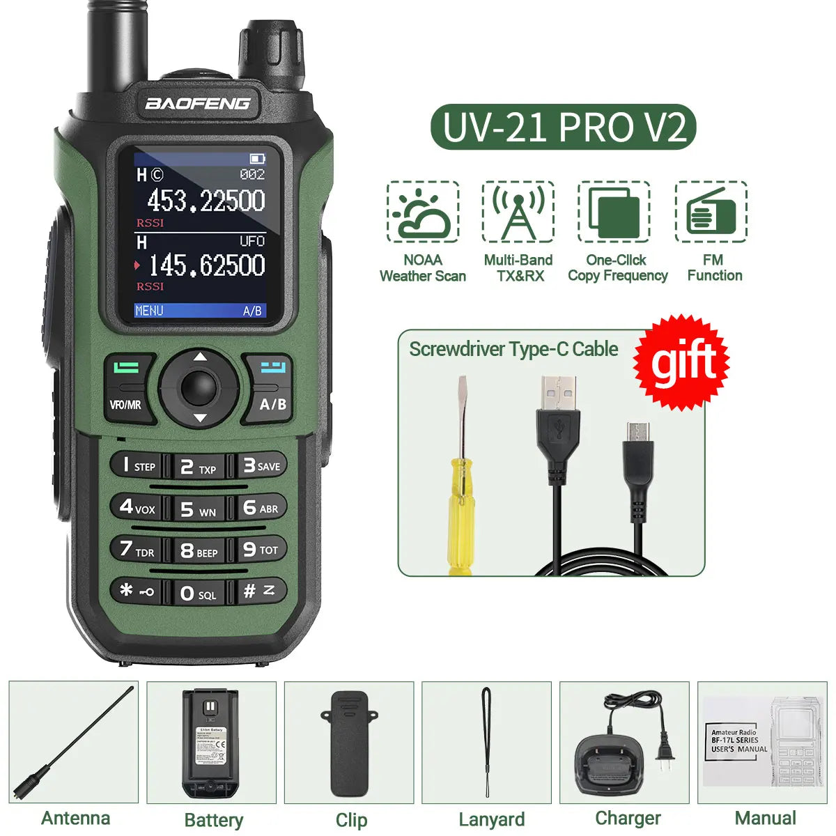 Baofeng UV-21 Pro V2 Wireless Copy Frequency Tri Band Powerful Waterproof Long Range UV-5R 22Pro S22 Type-C Two Way Radio - NJPH Best Selling 