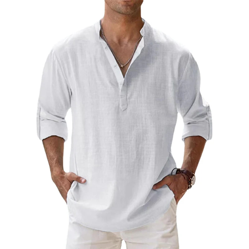 New Cotton Linen Shirts for Men Casual Shirts Lightweight Long Sleeve Henley Beach Shirts Hawaiian T Shirts for Men - NJPH Best Selling 