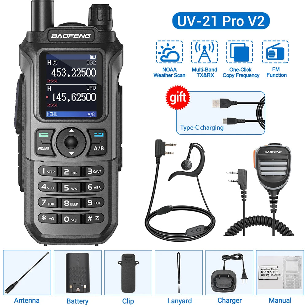 Baofeng UV-21 Pro V2 Wireless Copy Frequency Tri Band Powerful Waterproof Long Range UV-5R 22Pro S22 Type-C Two Way Radio - NJPH Best Selling 